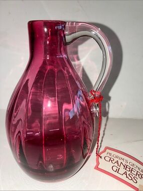 Pilgrim Cranberry Pink Glass Pitcher with Clear Handle